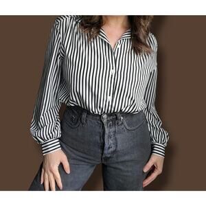 Vintage 90's black and white striped flowy blouse by Russ Petite Collectables.